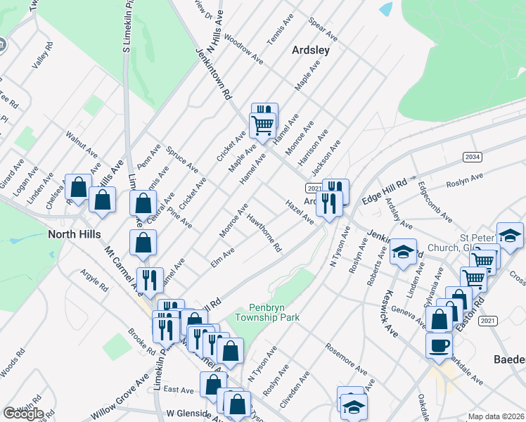 map of restaurants, bars, coffee shops, grocery stores, and more near 411 Elm Avenue in Glenside