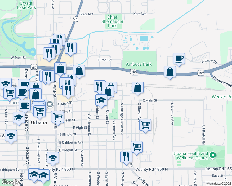map of restaurants, bars, coffee shops, grocery stores, and more near 908 County Road 1600 North in Urbana
