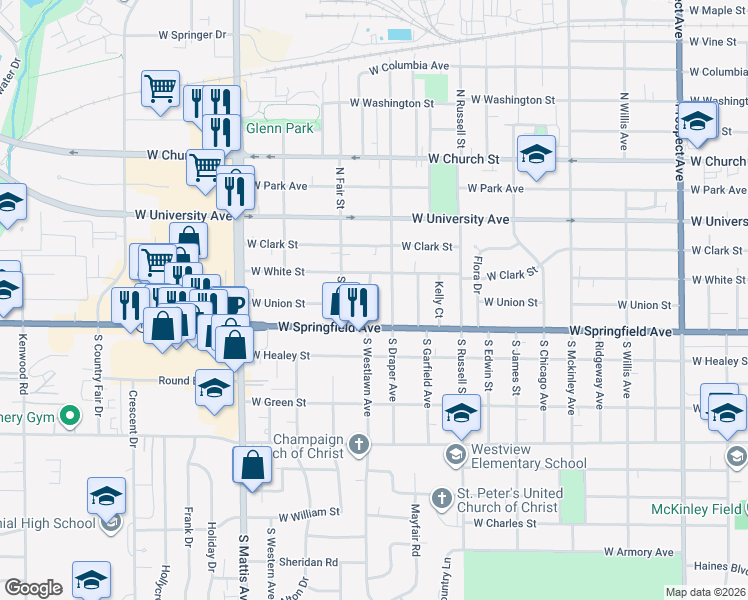 map of restaurants, bars, coffee shops, grocery stores, and more near 1502 West Springfield Avenue in Champaign