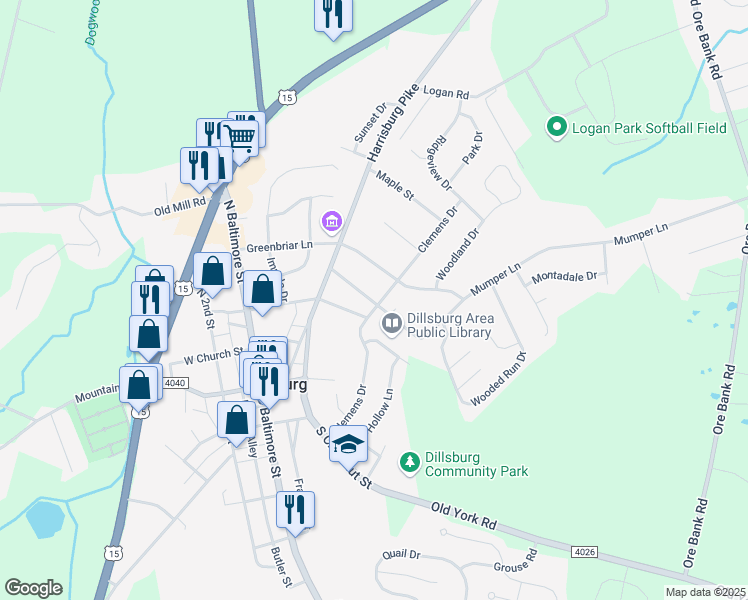 map of restaurants, bars, coffee shops, grocery stores, and more near 121 State Route 4030 in Dillsburg