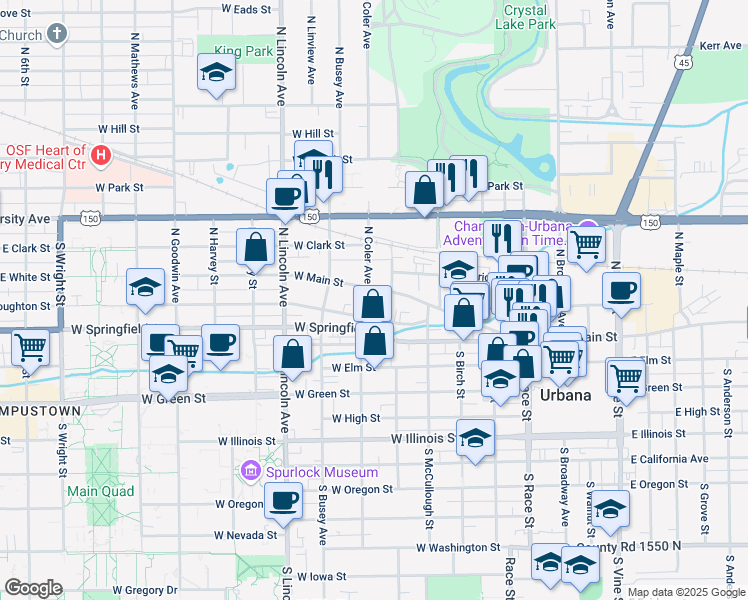 map of restaurants, bars, coffee shops, grocery stores, and more near 609 West Main Street in Urbana