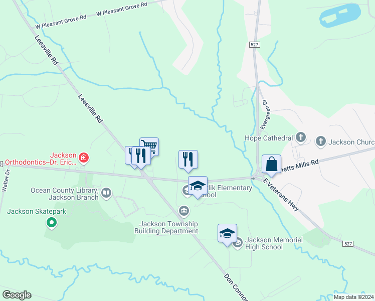map of restaurants, bars, coffee shops, grocery stores, and more near 80 West Veterans Highway in Jackson Township