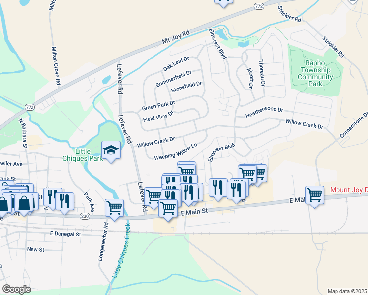 map of restaurants, bars, coffee shops, grocery stores, and more near 2133 Weeping Willow Lane in Mount Joy