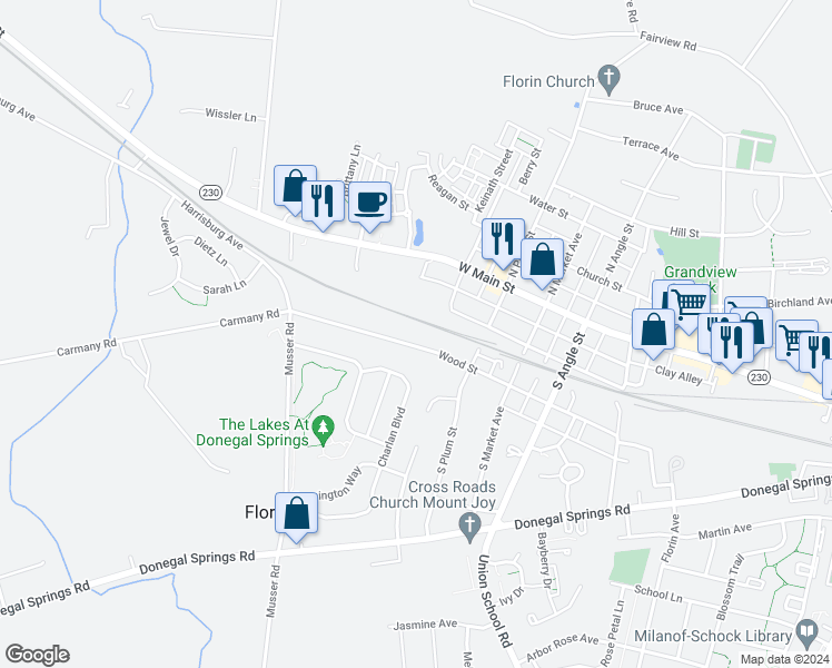 map of restaurants, bars, coffee shops, grocery stores, and more near 946 Wood Street in Mount Joy