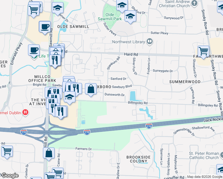 map of restaurants, bars, coffee shops, grocery stores, and more near 2481 Dunsworth Drive in Columbus