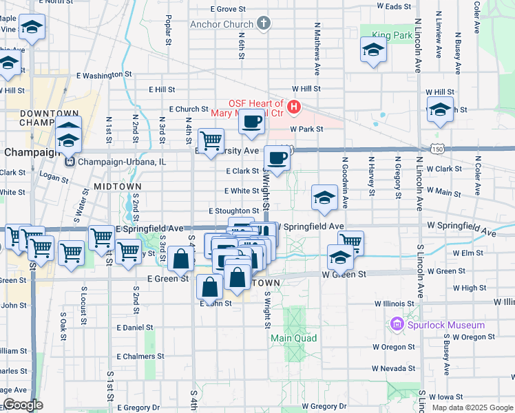 map of restaurants, bars, coffee shops, grocery stores, and more near 604 East Springfield Avenue in Champaign