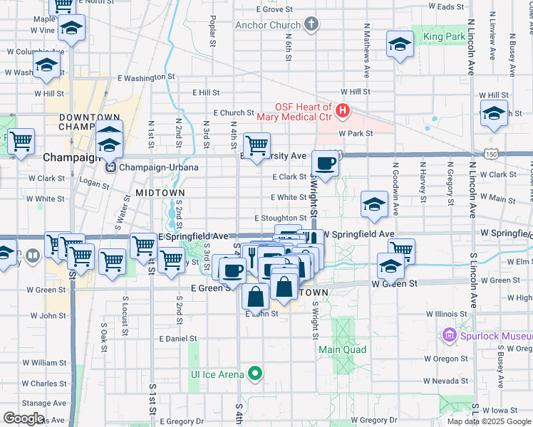 map of restaurants, bars, coffee shops, grocery stores, and more near in Champaign