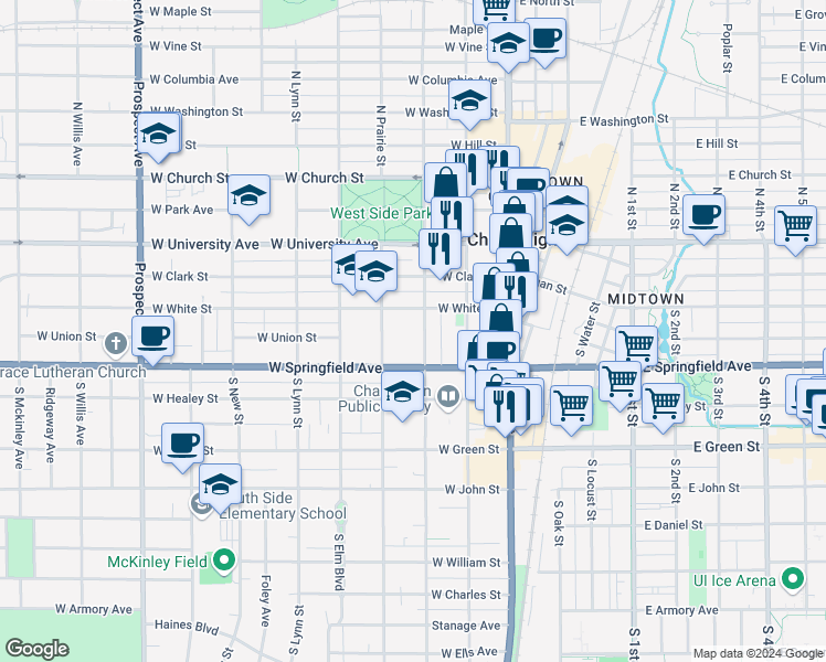 map of restaurants, bars, coffee shops, grocery stores, and more near 318 South Prairie Street in Champaign