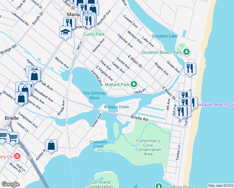 map of restaurants, bars, coffee shops, grocery stores, and more near 414 Perrine Boulevard in Manasquan