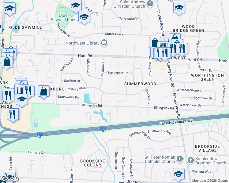 map of restaurants, bars, coffee shops, grocery stores, and more near 2200 Sawbury Boulevard in Columbus