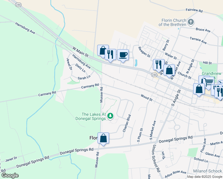 map of restaurants, bars, coffee shops, grocery stores, and more near 1068 Wood Street in Mount Joy
