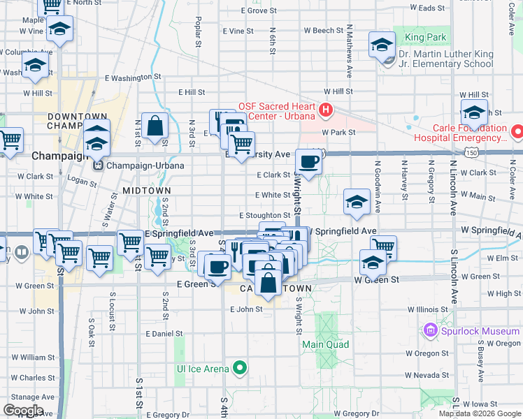 map of restaurants, bars, coffee shops, grocery stores, and more near 504 East White Street in Champaign