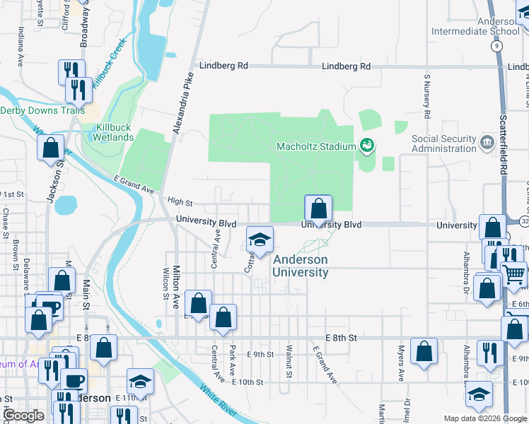 map of restaurants, bars, coffee shops, grocery stores, and more near 203 College Drive in Anderson