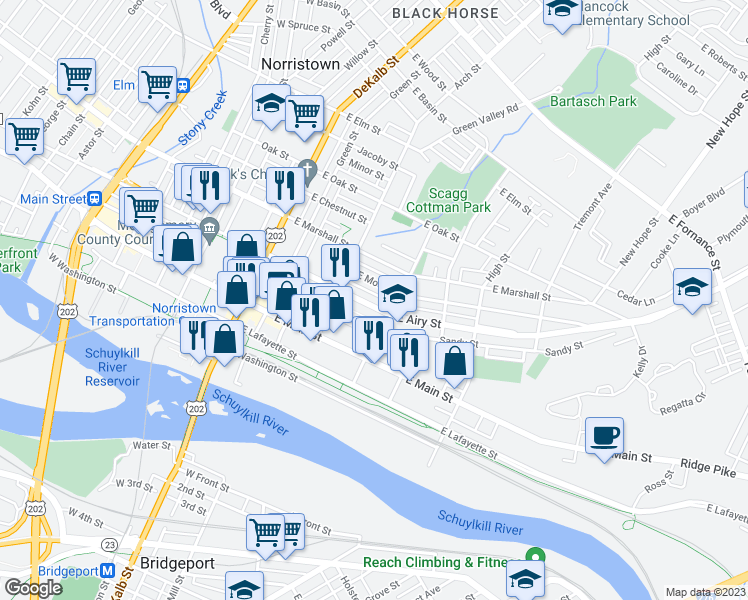 map of restaurants, bars, coffee shops, grocery stores, and more near 347 East Airy Street in Norristown