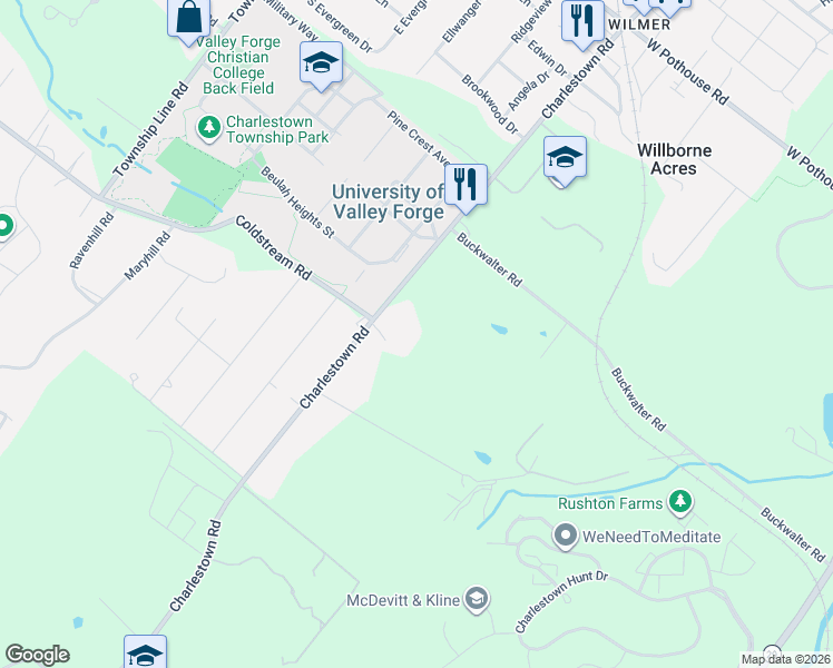 map of restaurants, bars, coffee shops, grocery stores, and more near 2684 Charlestown Road in Phoenixville