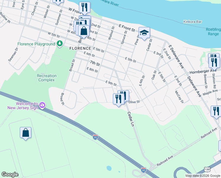 map of restaurants, bars, coffee shops, grocery stores, and more near 425 East 9th Street in Florence
