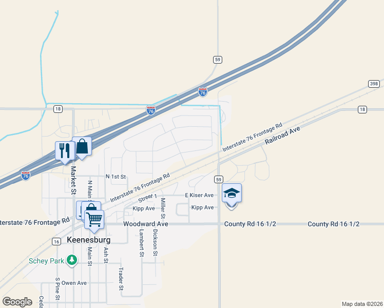 map of restaurants, bars, coffee shops, grocery stores, and more near 1520 Railroad Avenue in Keenesburg