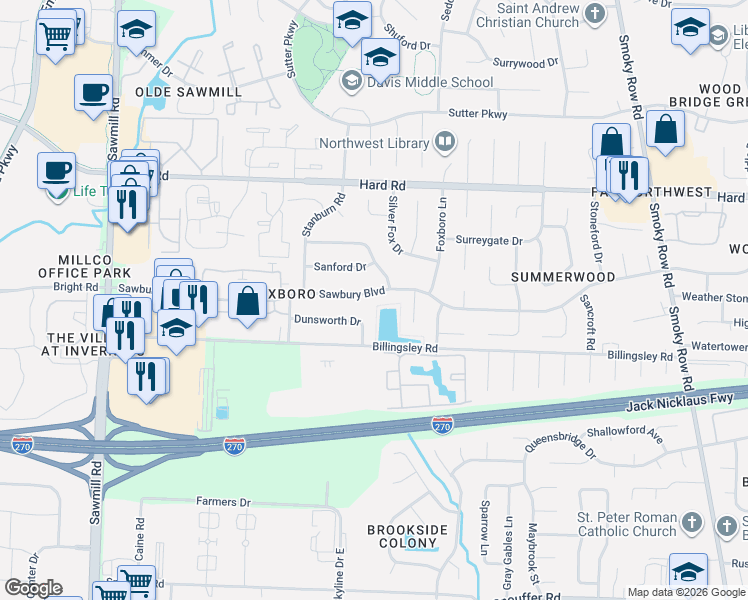 map of restaurants, bars, coffee shops, grocery stores, and more near 7769 Warrington Way in Columbus