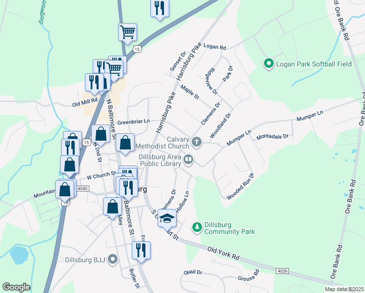 map of restaurants, bars, coffee shops, grocery stores, and more near 199 Mumper Lane in Dillsburg
