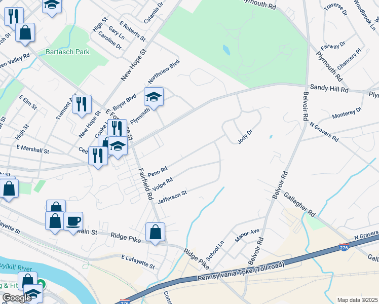 map of restaurants, bars, coffee shops, grocery stores, and more near 443 Penn Road in Plymouth Meeting