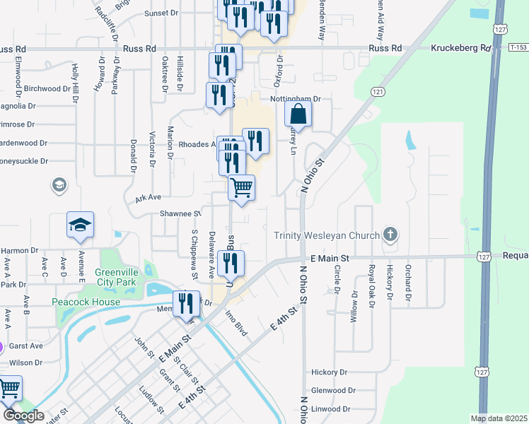 map of restaurants, bars, coffee shops, grocery stores, and more near 415 Wagner Ave in Greenville