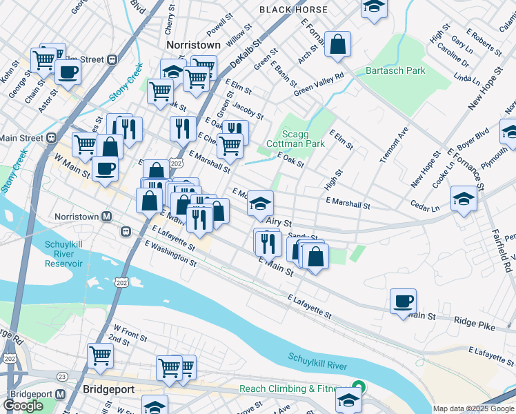 map of restaurants, bars, coffee shops, grocery stores, and more near 352 East Marshall Street in Norristown