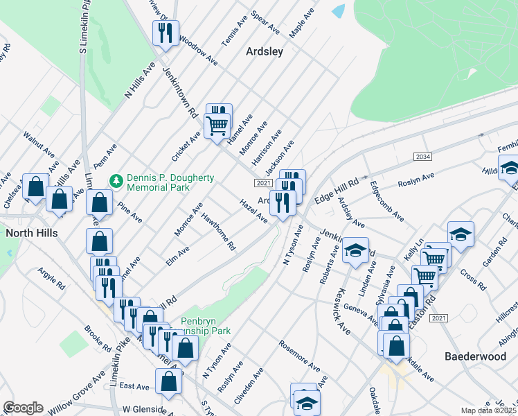 map of restaurants, bars, coffee shops, grocery stores, and more near 2647 Hazel Avenue in Glenside