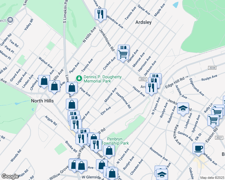 map of restaurants, bars, coffee shops, grocery stores, and more near 410 Monroe Avenue in Glenside