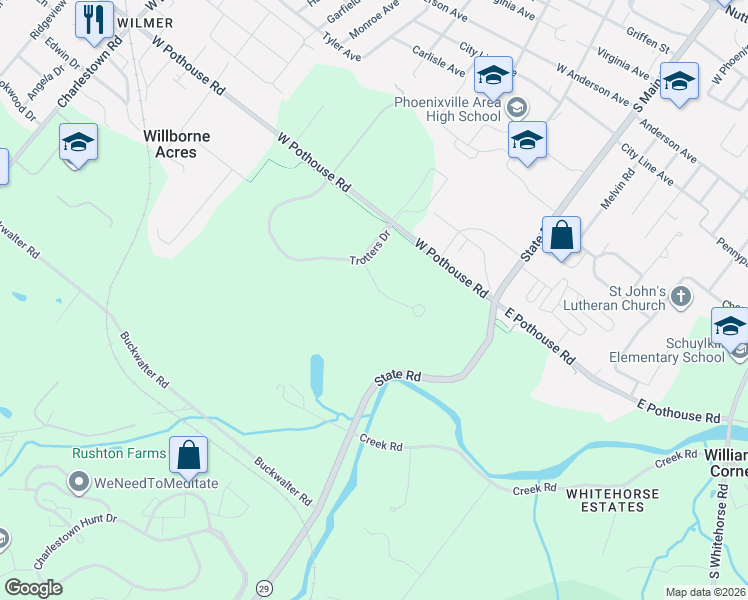 map of restaurants, bars, coffee shops, grocery stores, and more near 22 Saddlebrook Lane in Phoenixville