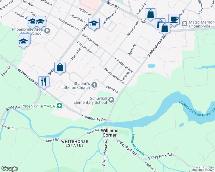 map of restaurants, bars, coffee shops, grocery stores, and more near 605 Cherry Lane in Phoenixville