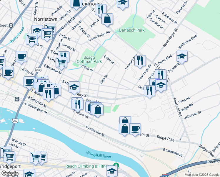 map of restaurants, bars, coffee shops, grocery stores, and more near 652 E Marshall St in Norristown