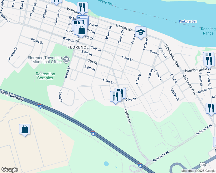 map of restaurants, bars, coffee shops, grocery stores, and more near 425 East 9th Street in Florence