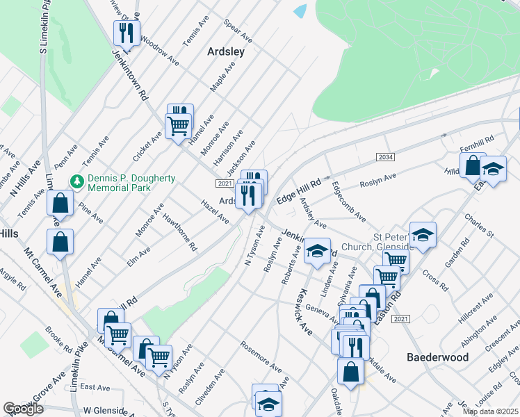 map of restaurants, bars, coffee shops, grocery stores, and more near 2215 Jenkintown Road in Glenside