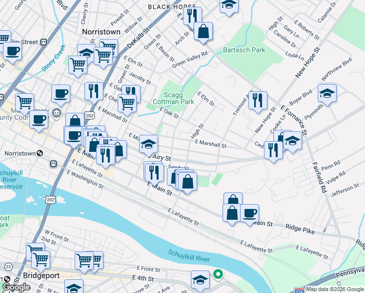 map of restaurants, bars, coffee shops, grocery stores, and more near 513 East Marshall Street in Norristown