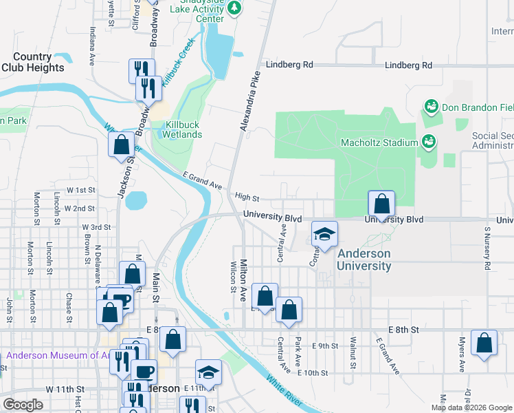 map of restaurants, bars, coffee shops, grocery stores, and more near 532 High Street in Anderson