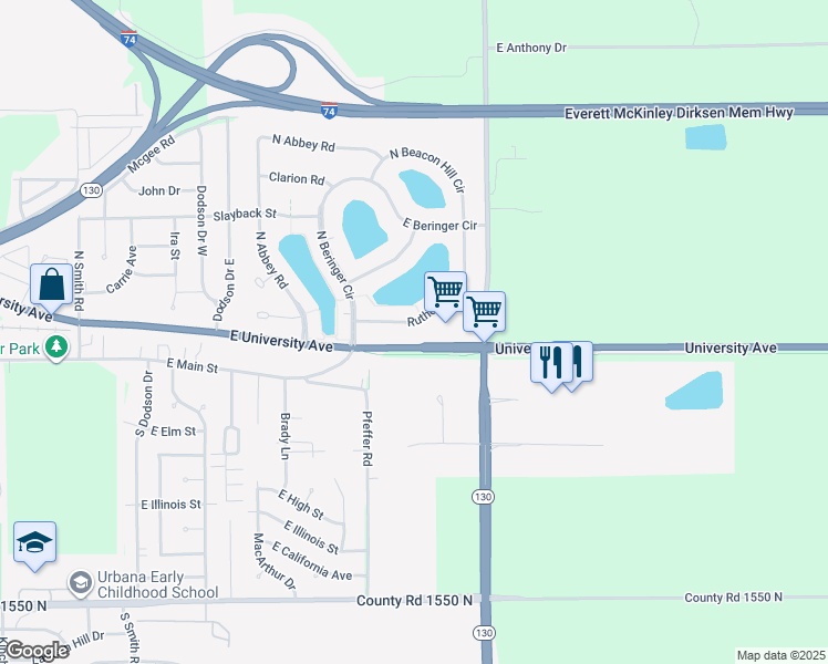 map of restaurants, bars, coffee shops, grocery stores, and more near 2924 Rutherford Drive in Urbana