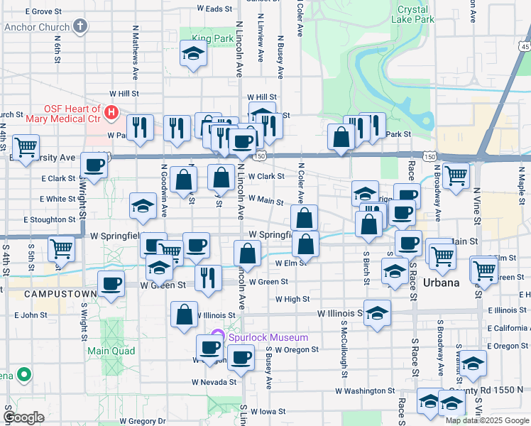 map of restaurants, bars, coffee shops, grocery stores, and more near 804 West Main Street in Urbana