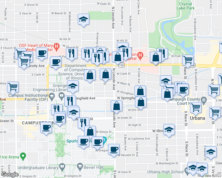 map of restaurants, bars, coffee shops, grocery stores, and more near in Urbana