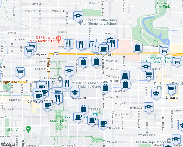 map of restaurants, bars, coffee shops, grocery stores, and more near 1004 West Main Street in Urbana