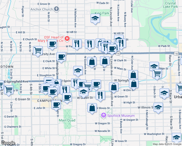 map of restaurants, bars, coffee shops, grocery stores, and more near 1102 West Main Street in Urbana
