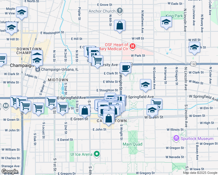 map of restaurants, bars, coffee shops, grocery stores, and more near 602 East White Street in Champaign