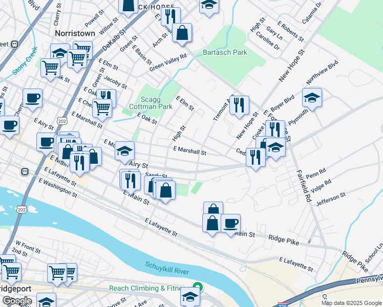 map of restaurants, bars, coffee shops, grocery stores, and more near 662 East Marshall Street in Norristown