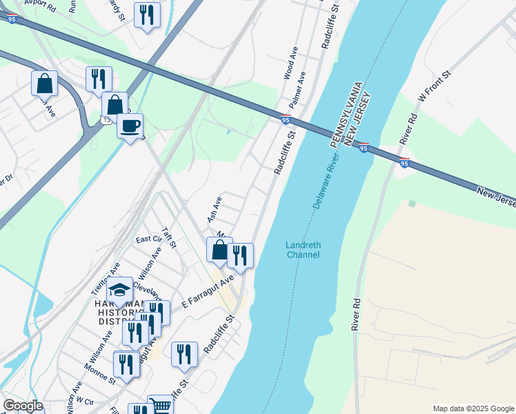map of restaurants, bars, coffee shops, grocery stores, and more near 6415 Radcliffe Street in Bristol