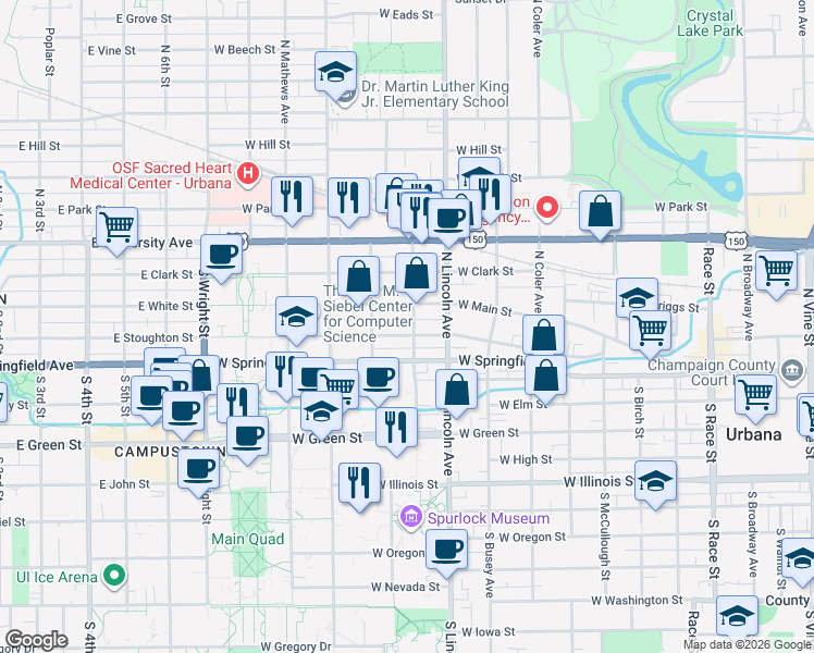 map of restaurants, bars, coffee shops, grocery stores, and more near 203 North Gregory Street in Urbana