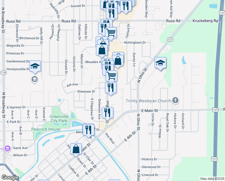 map of restaurants, bars, coffee shops, grocery stores, and more near 415 Wagner Avenue in Greenville