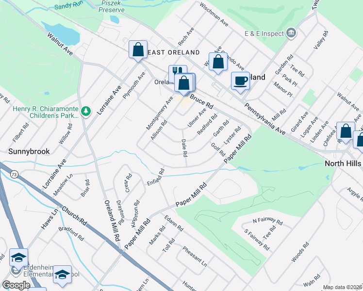 map of restaurants, bars, coffee shops, grocery stores, and more near 200 Redford Road in Oreland