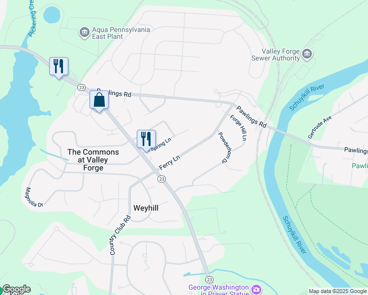 map of restaurants, bars, coffee shops, grocery stores, and more near 68 Ferry Lane in Phoenixville