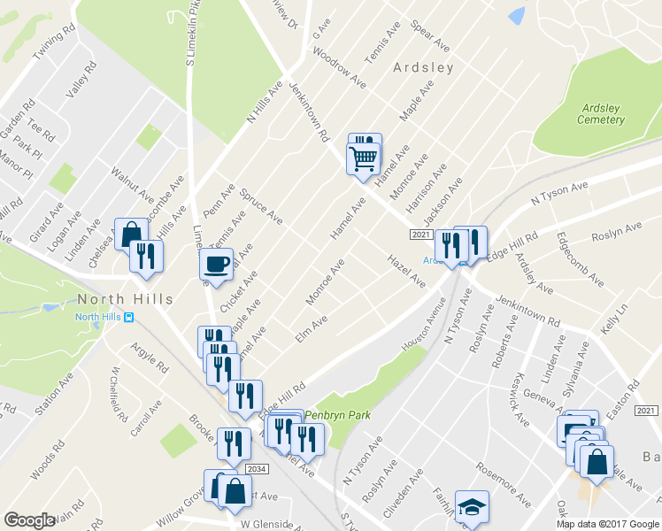 map of restaurants, bars, coffee shops, grocery stores, and more near 410 Monroe Avenue in Glenside