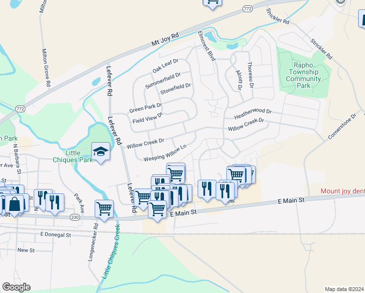 map of restaurants, bars, coffee shops, grocery stores, and more near 2155 Weeping Willow Lane in Mount Joy