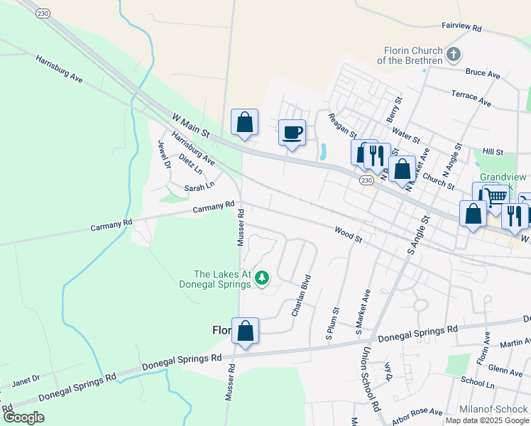map of restaurants, bars, coffee shops, grocery stores, and more near 1068 Wood Street in Mount Joy